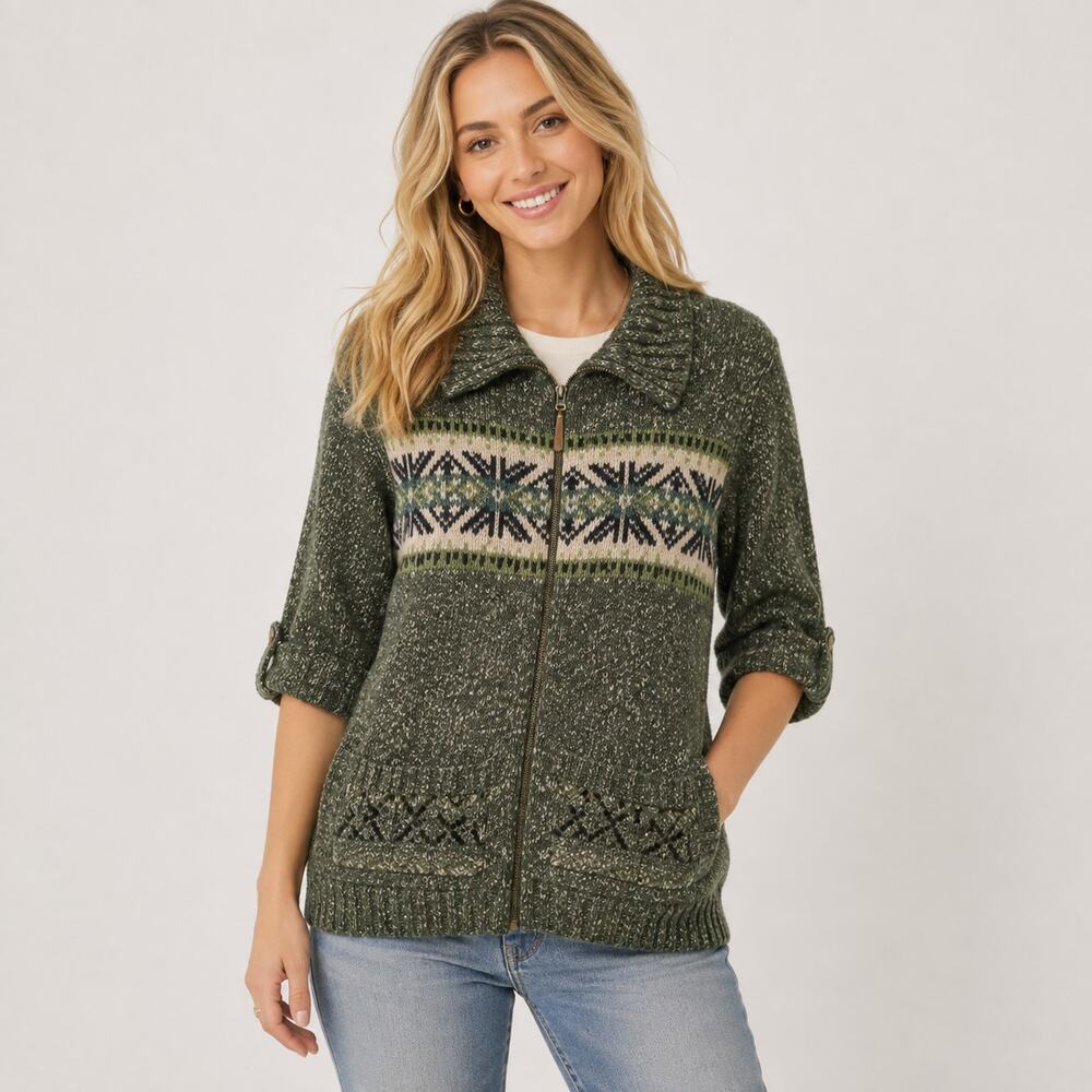 Woolrich Sweater Jacket Women's Sz M Green Fair Isle Full Zip Pockets Wool Blend